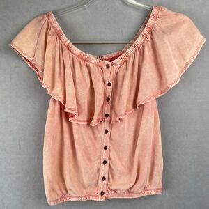 We The Free Love Letter Distressed Pink Off The Shoulder Ruffle Tube Top Linen M